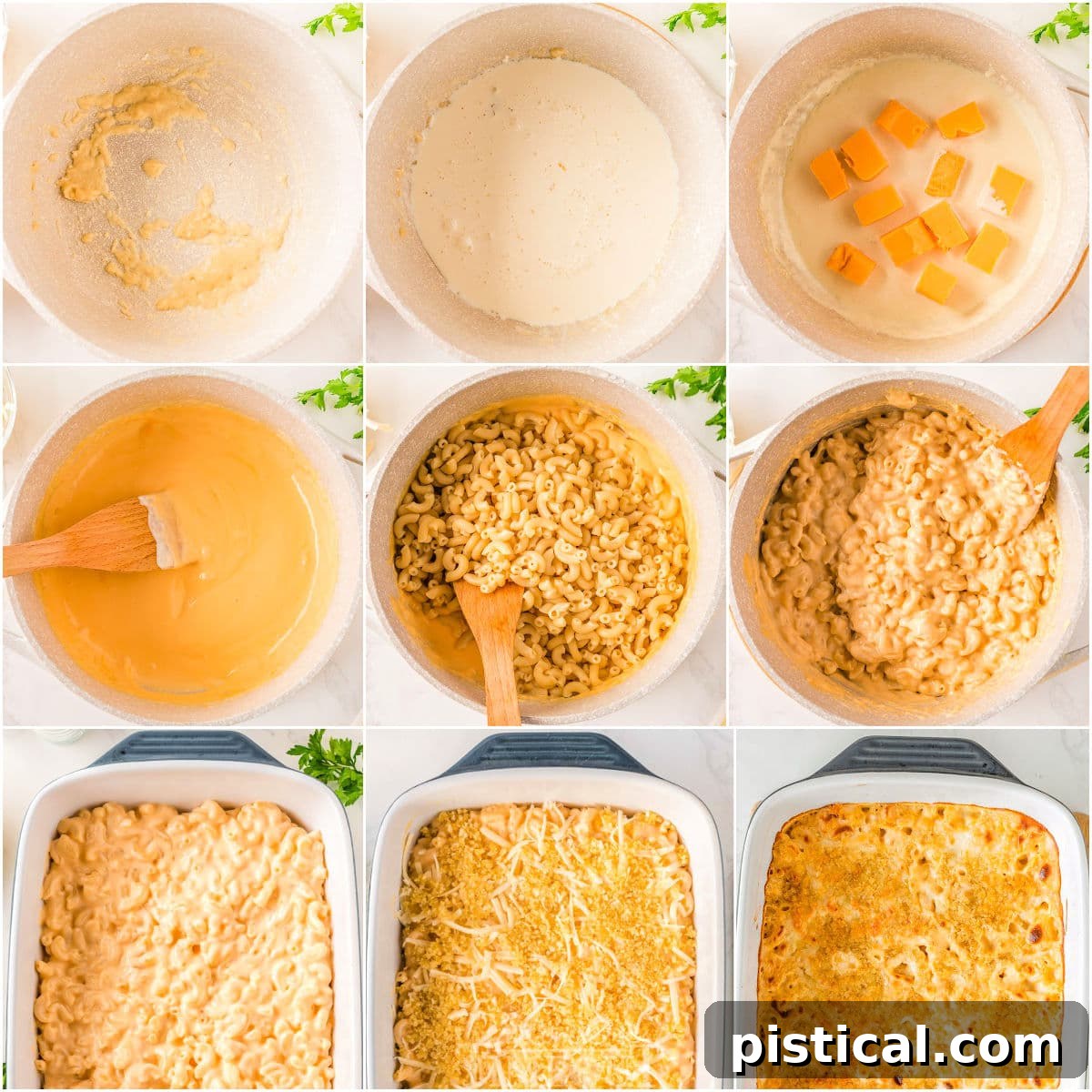 Nine-image collage showing step-by-step photos of how to make Velveeta Mac and Cheese.