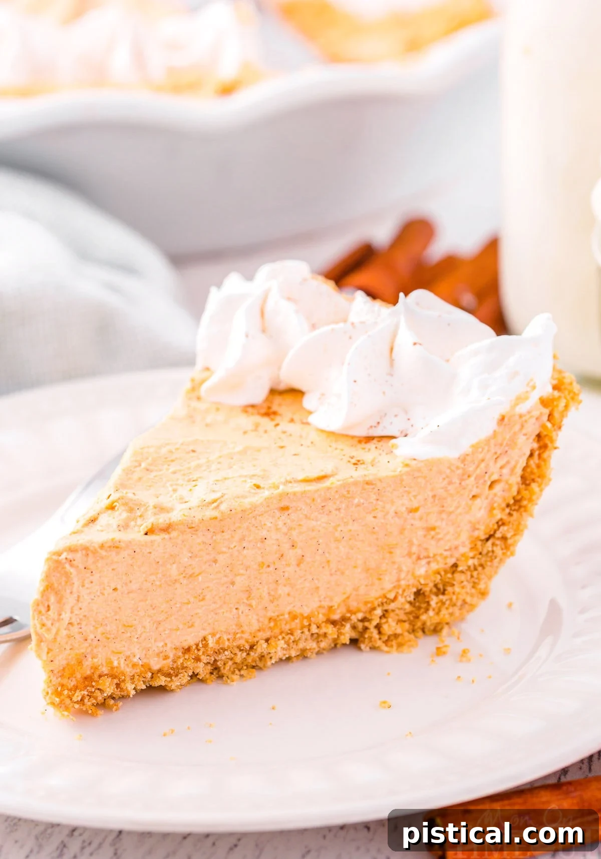 A perfectly sliced piece of no-bake pumpkin pie on a white plate, elegantly topped with a swirl of whipped cream and a sprinkle of cinnamon. The texture appears incredibly smooth and inviting, highlighting its creamy consistency.
