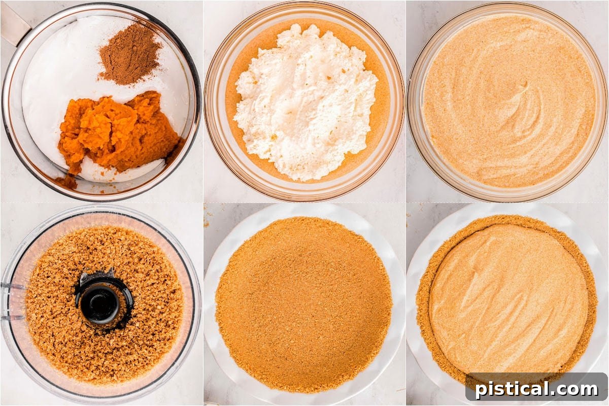 A six-image collage displaying the step-by-step process of making no-bake pumpkin pie, from mixing ingredients to pressing the crust and pouring the filling, culminating in a beautiful finished pie.