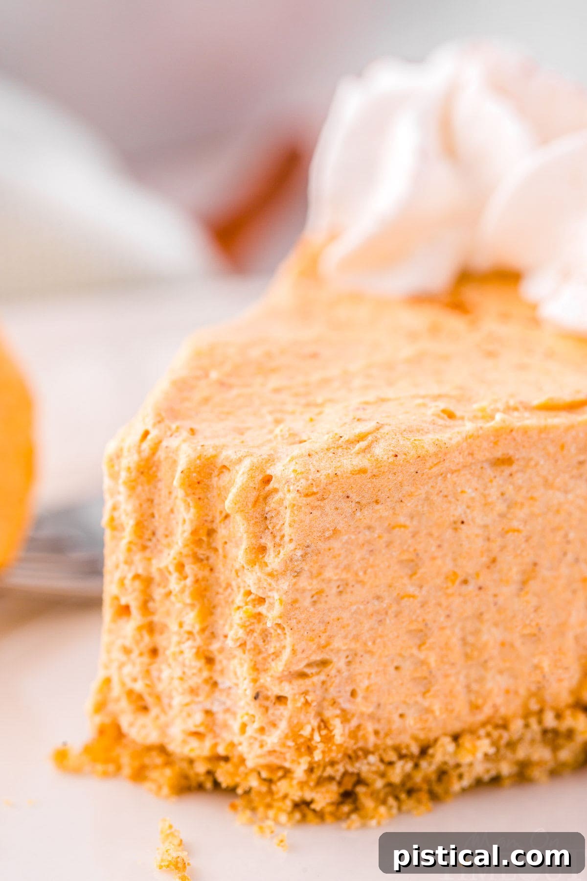 A close-up view of a slice of no-bake pumpkin pie, with a fork gently pulling away a bite, revealing the soft, creamy texture of the filling and the crispness of the crust.
