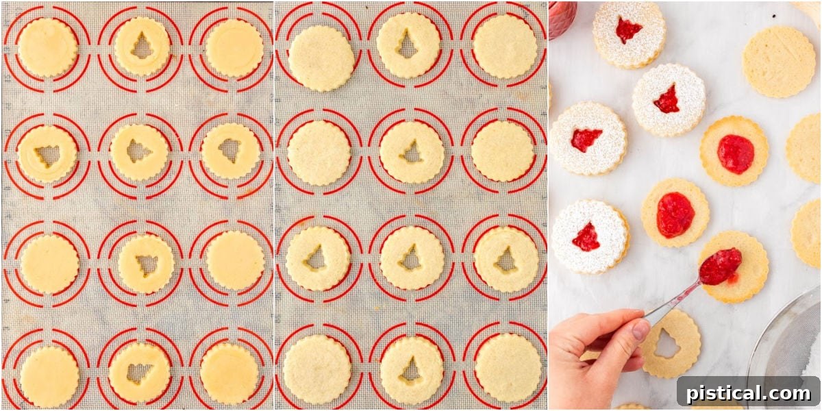 Classic Linzer Cookie Delights 5 three image collage showing how to bake and assemble linzer cookies.
