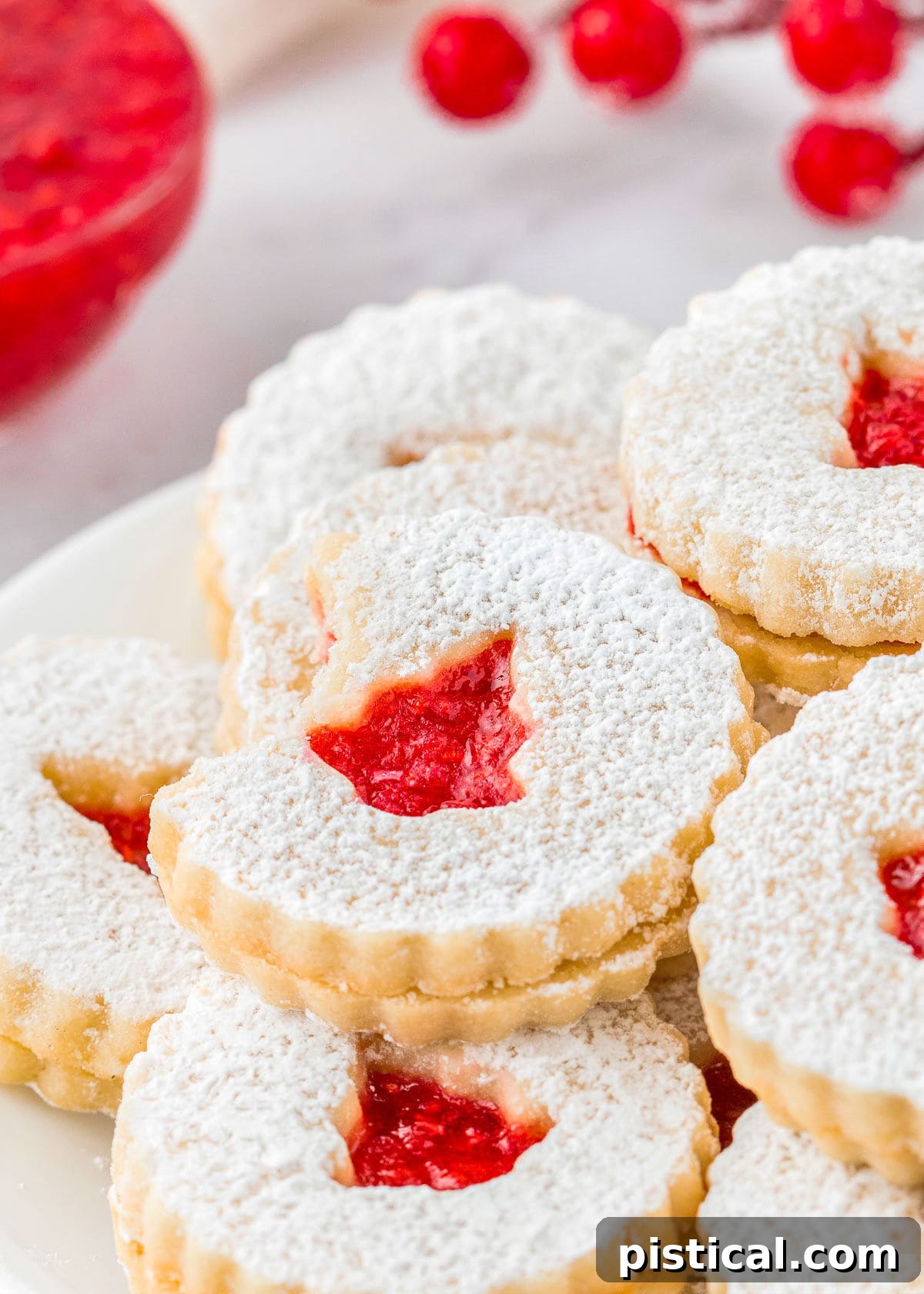 Classic Linzer Cookie Delights 7 tray of linzer cookies with one having a bite out of it.