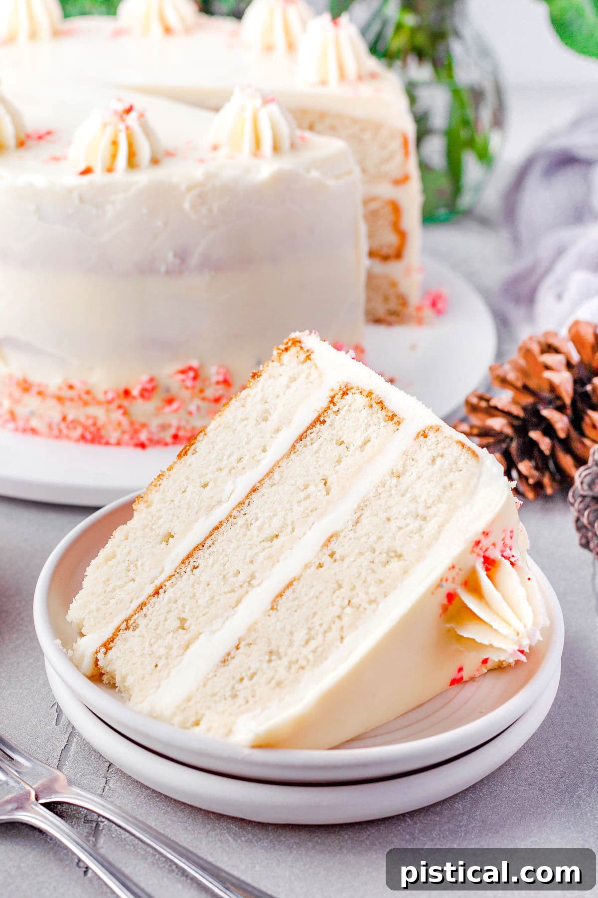 A perfectly thick slice of Peppermint Cake, revealing its moist layers and creamy peppermint frosting, rests on a white plate with the rest of the cake blurred in the background.