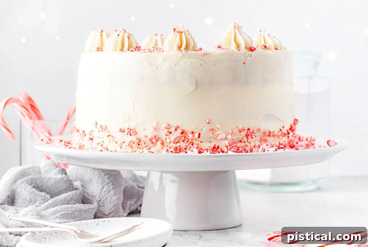 The impressive whole Peppermint Cake, beautifully frosted and decorated with candy canes, sits on a white cake stand against a festive backdrop.