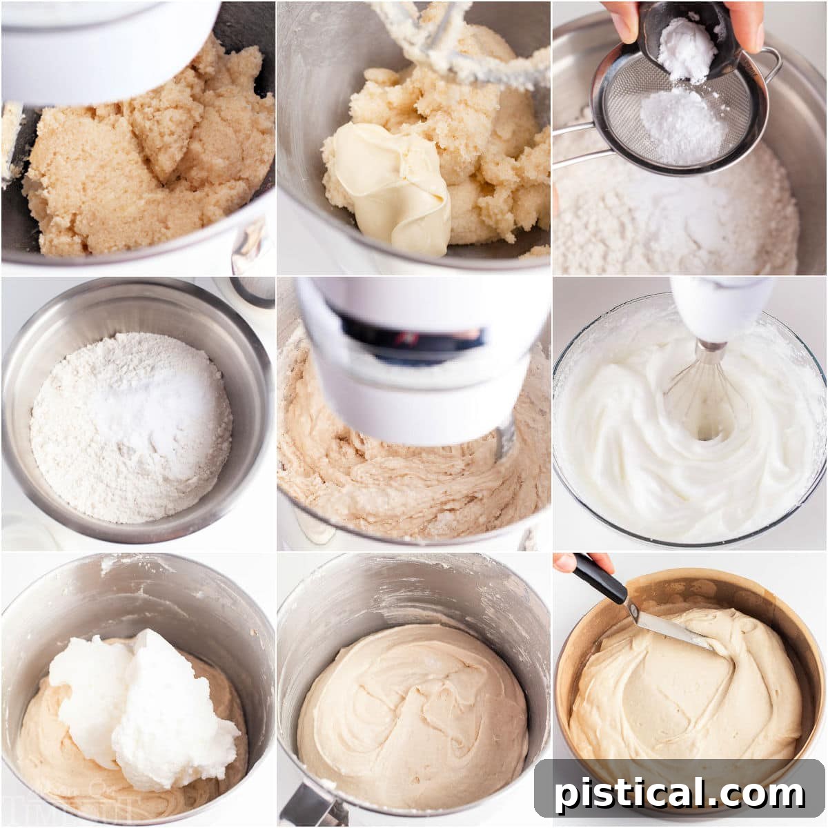 A nine-image collage demonstrating the step-by-step process of how to make a Peppermint Cake, from mixing ingredients to baked layers.