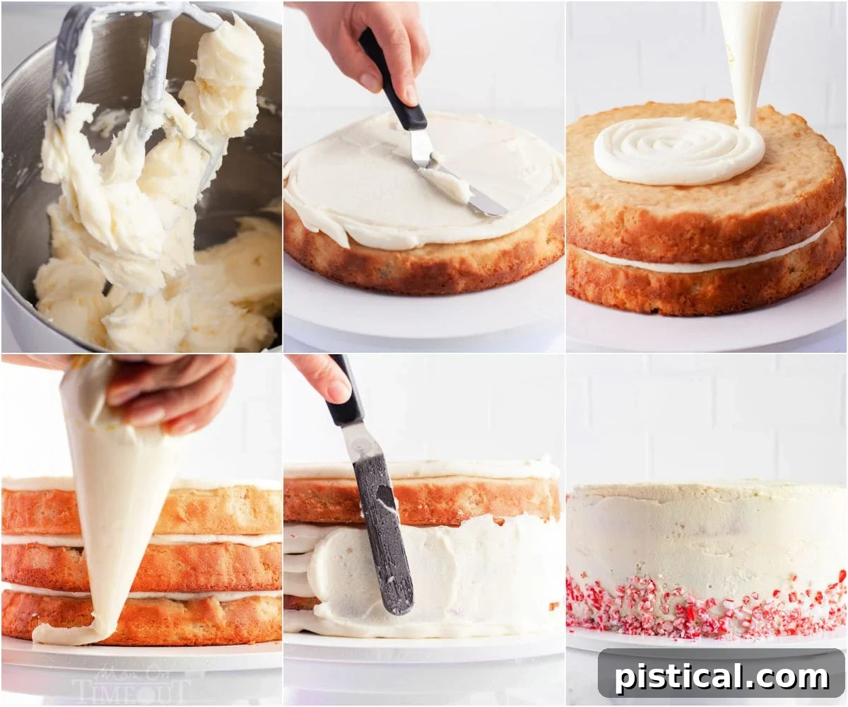 A six-image collage illustrating the process of assembling and beautifully frosting a layered peppermint cake, complete with festive candy cane decoration.