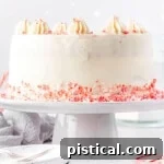 whole peppermint cake on a white cake stand with candy canes crumbles around the base.