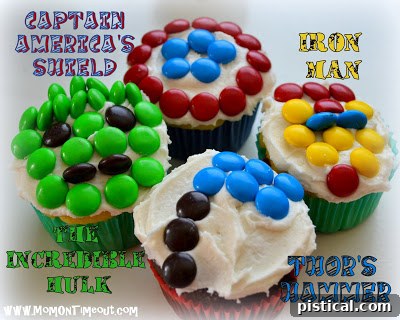 Close-up of the Incredible Hulk M&M cupcake