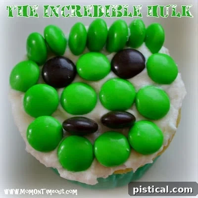 Another angle of the Incredible Hulk cupcake