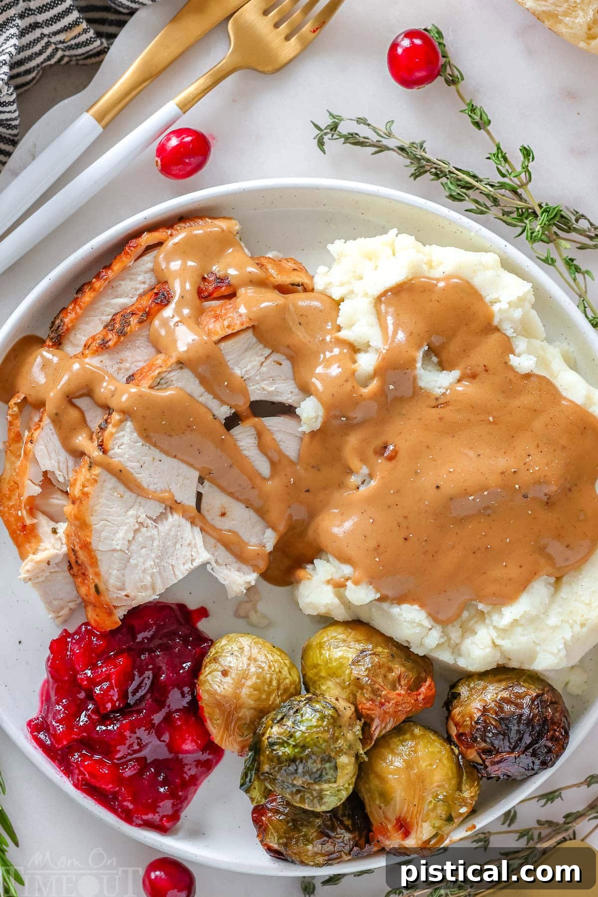 An overhead view of a Thanksgiving turkey, beautifully plated with various traditional side dishes and drizzled with rich turkey gravy.