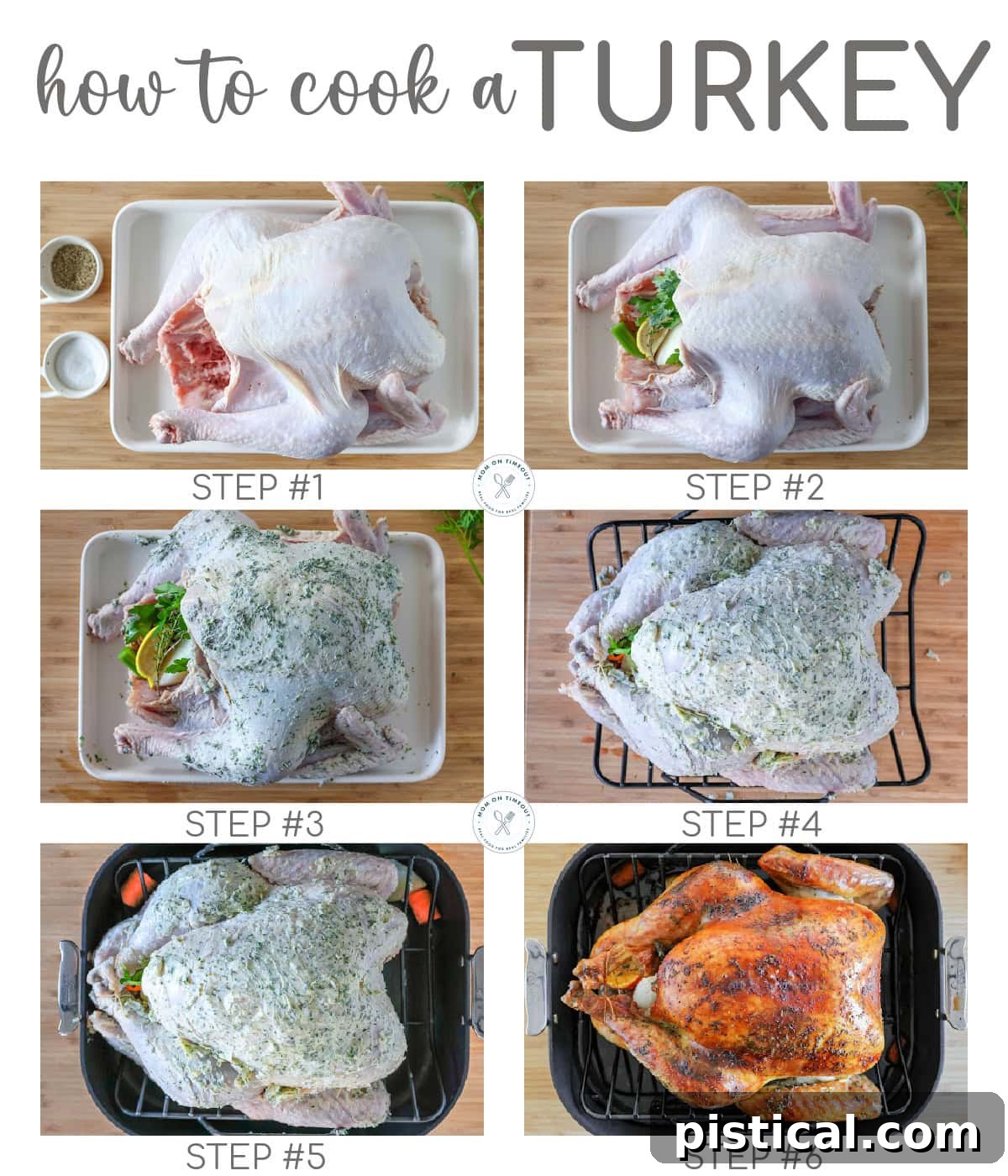 A six-image collage illustrating the step-by-step cooking process of a turkey, from preparation to roasting.
