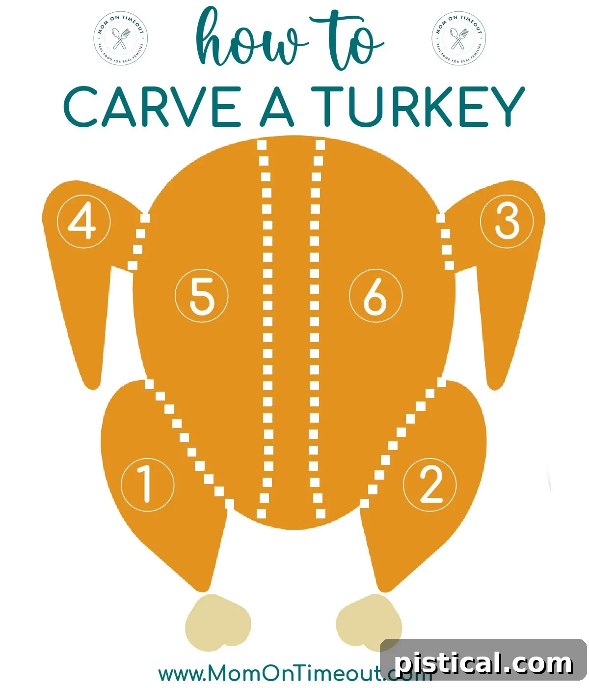 A graphic representation showing the step-by-step process of how to carve a turkey efficiently.