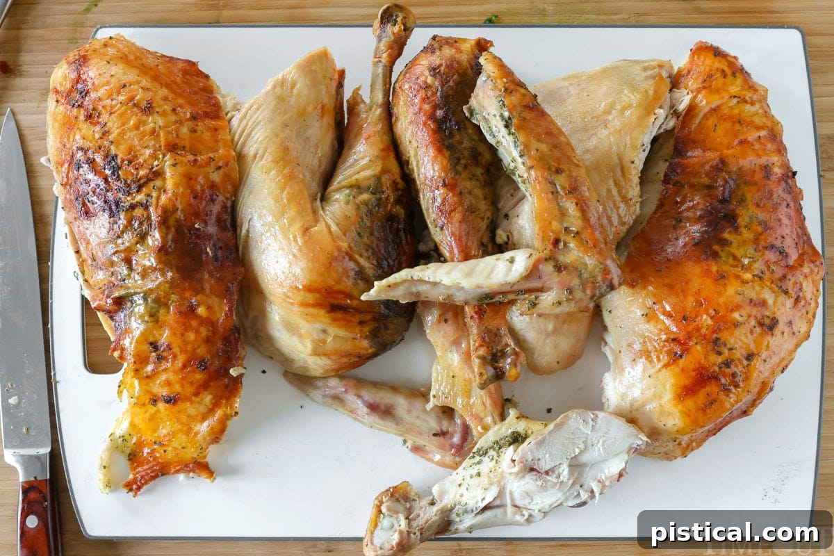 A roast turkey recipe, expertly carved into pieces and arranged, ready to be plated and served.