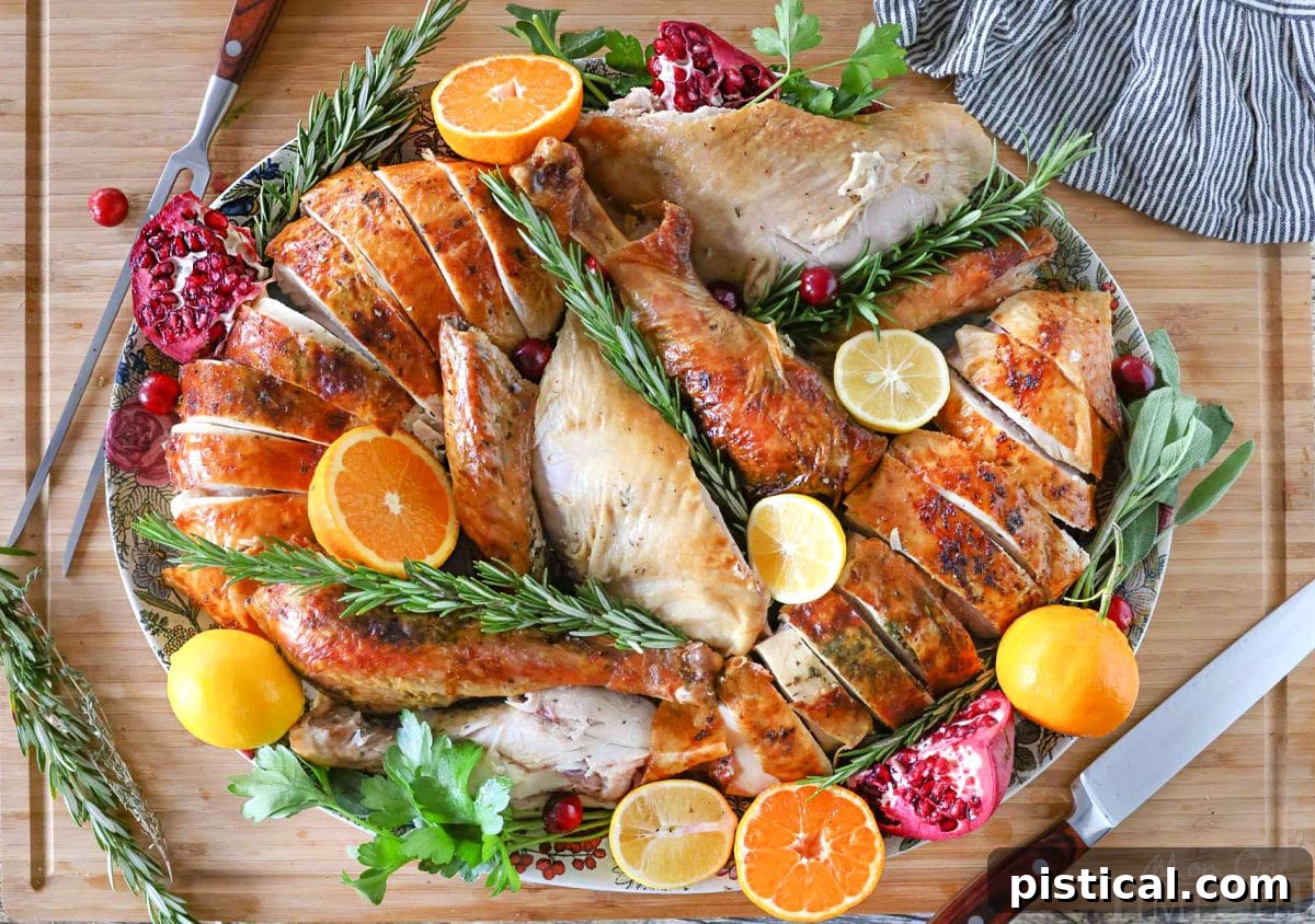 A top-down view of the Thanksgiving Turkey recipe, beautifully plated on a large platter with fruit and herbs, resting on a rustic cutting board.