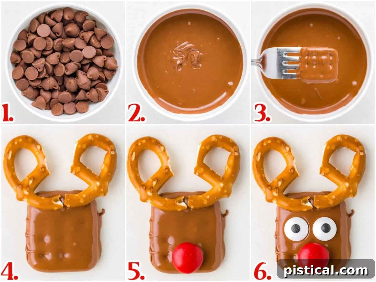 six image collage showing how to assemble pretzel reindeer with step by step images.