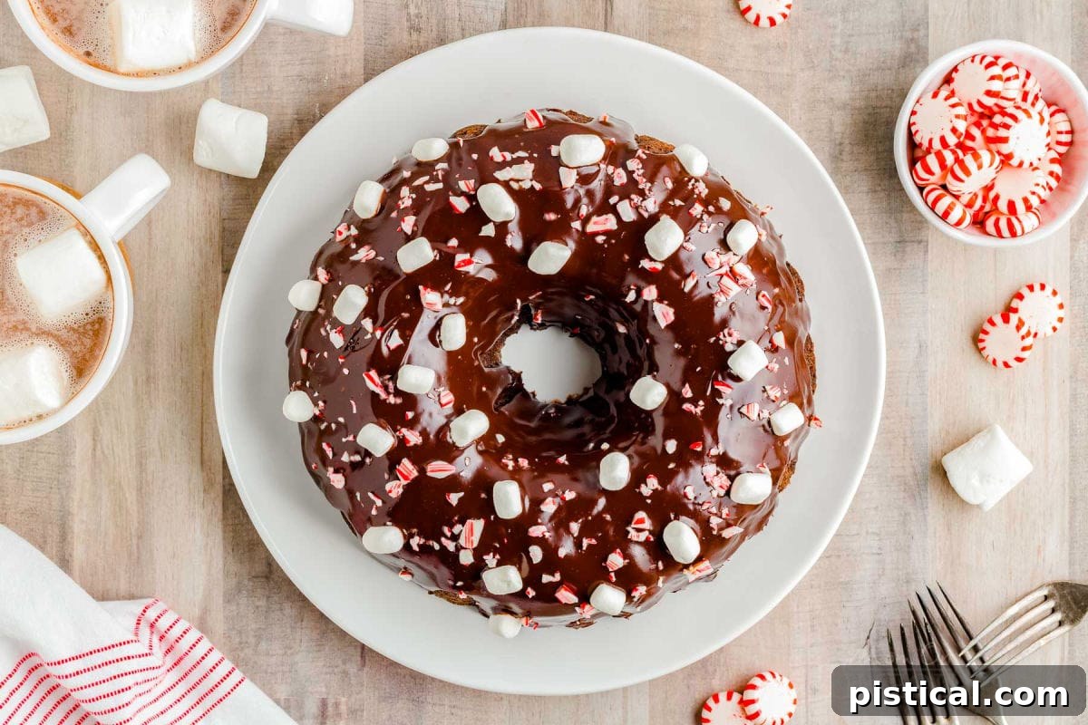 top down look at a chocolate bundt cake decorated with marshmallows and crushed peppermint candy. the cake is on a white plate.