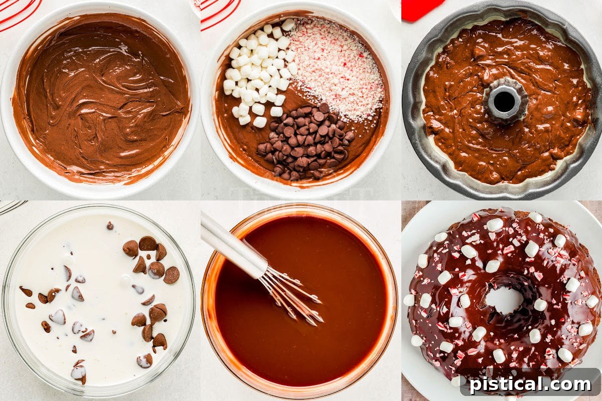 six image collage showing how to assemble and decorate the peppermint hot chocolate cake.