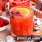Two festive cranberry Christmas cocktails on a silver serving platter garnished with fresh cranberries and orange slices.
