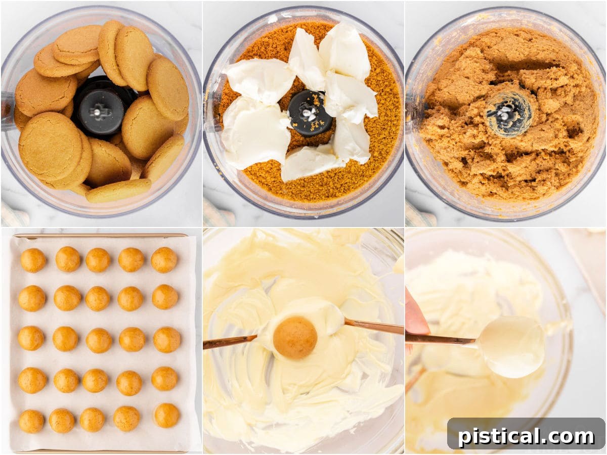 A six-image collage illustrating the simple, three-ingredient process of making gingerbread truffles, from crushing cookies to dipping in chocolate.