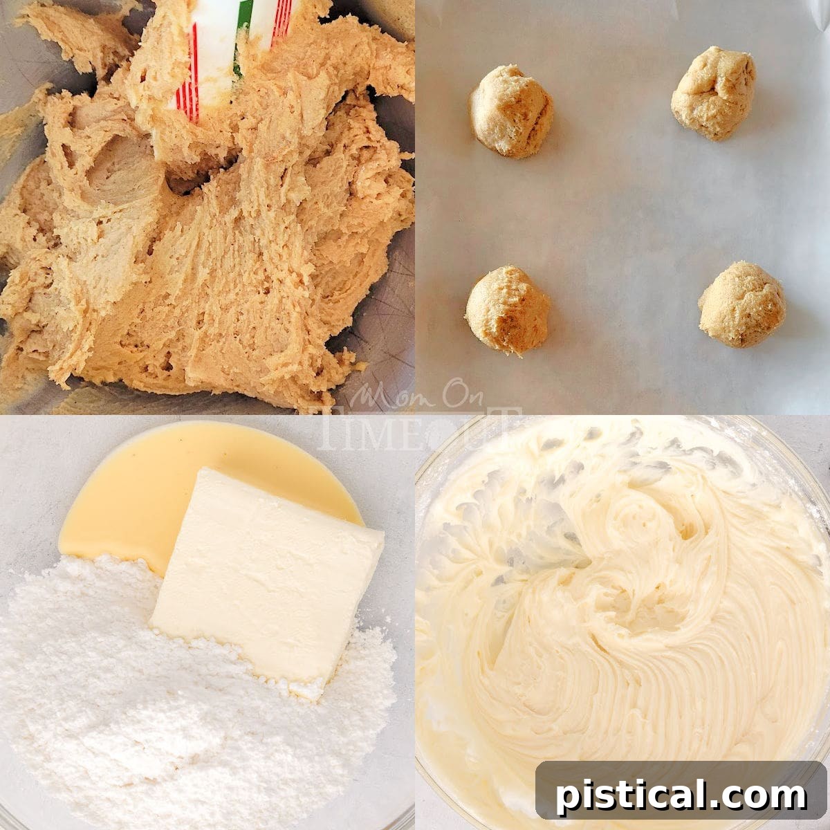 A four-image collage demonstrating the key stages of making eggnog cookies. The first image shows wet ingredients being creamed, the second shows dry ingredients being added, the third displays formed cookie dough balls on a baking sheet, and the final image features beautifully baked and frosted cookies, ready to be enjoyed.