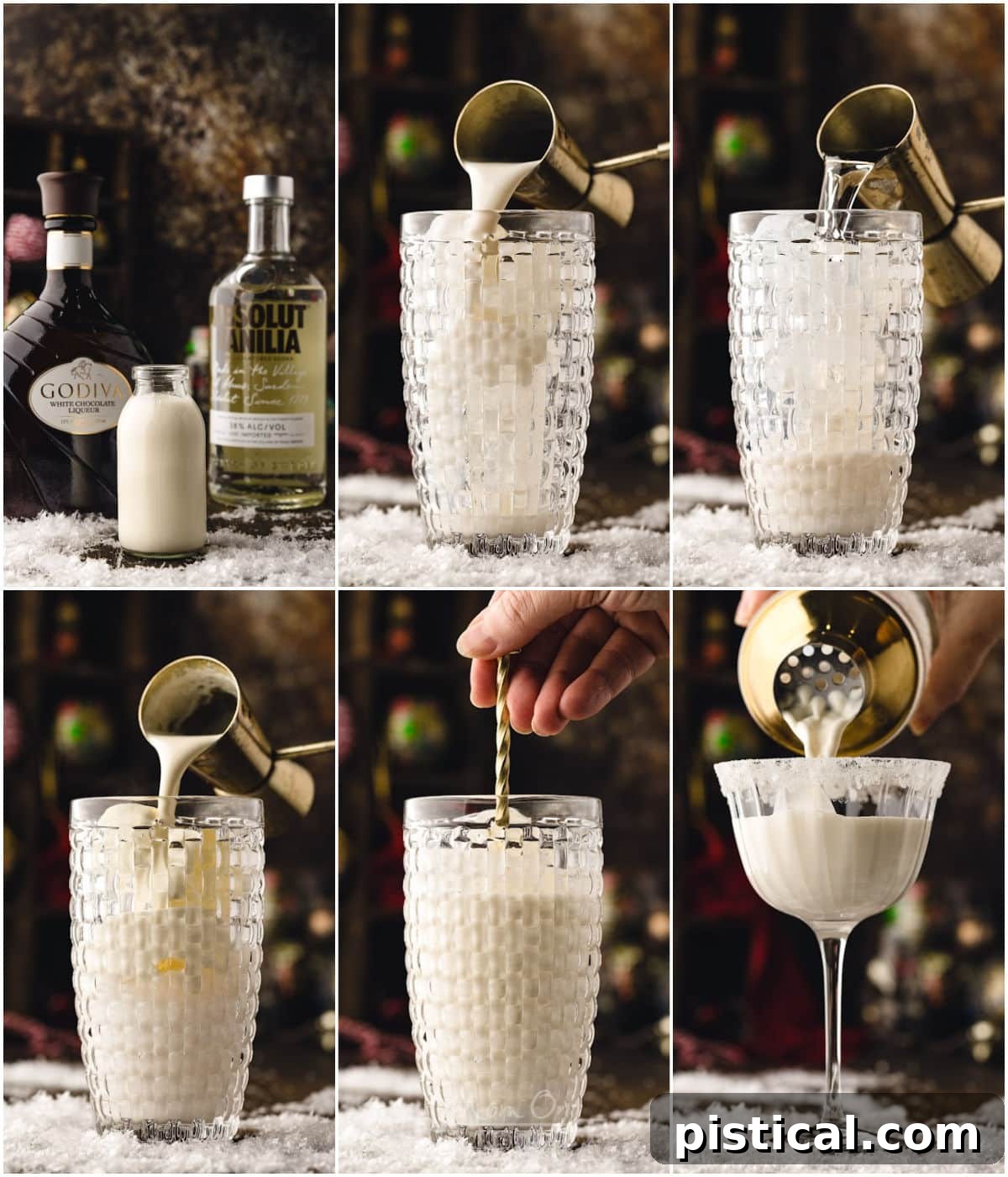 six image collage showing how to make a white chocolate martini.
