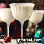 three white chocolate martinis in tall glasses dusted with powdered sugar for a snowy look. the cocktails are sitting on a snowy surface with glass ornaments scattered about.