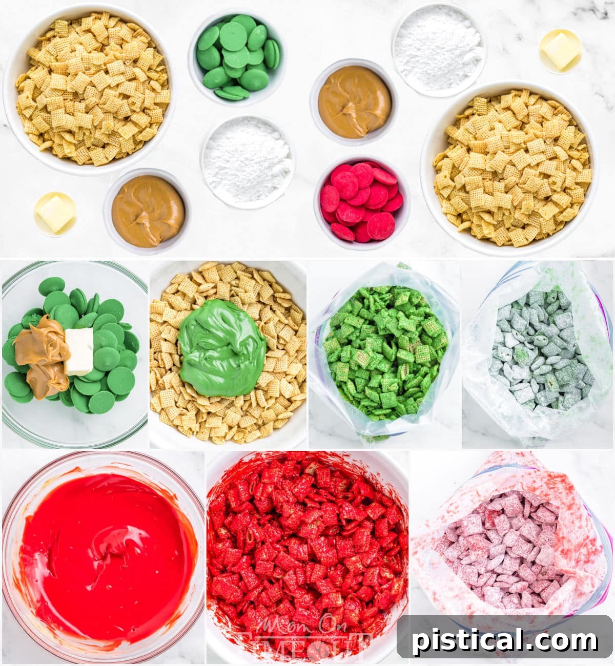 eight image collage showing christmas puppy chow ingredients and how to make it step by step.