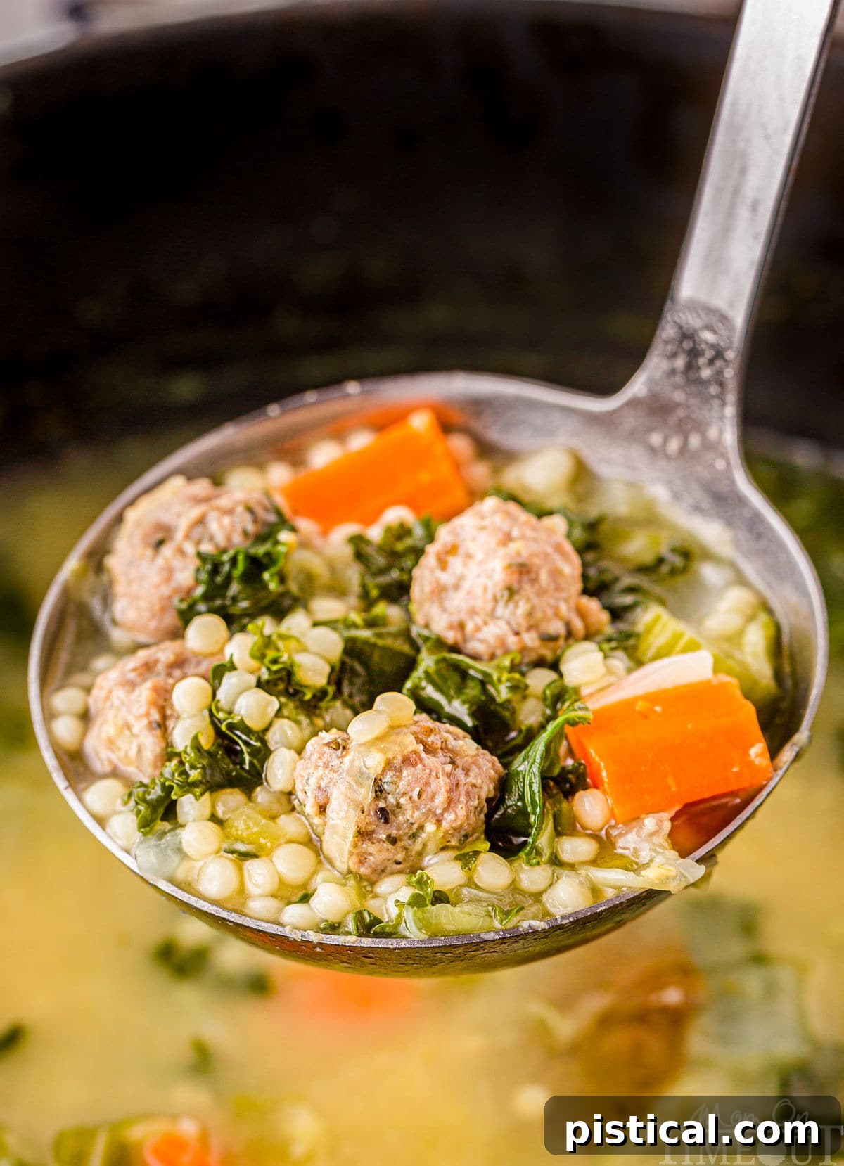 ladle full of italian wedding soup in a dutch oven filled with more soup.