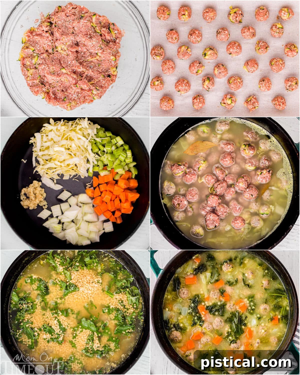six image collage showing step by step how to make Italian Wedding Soup recipe.