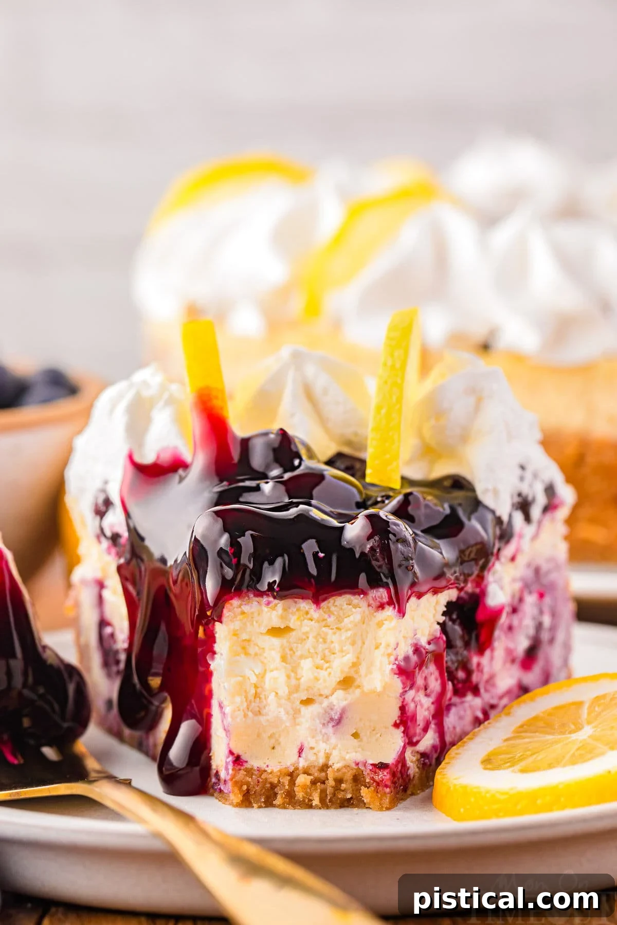 Luscious Lemon Blueberry Cheesecake 2 slice of lemon blueberry cheesecake topped with blueberry pie filling, whipped cream and two lemon slices sitting on small round plate with one bite taken from the top if the slice.