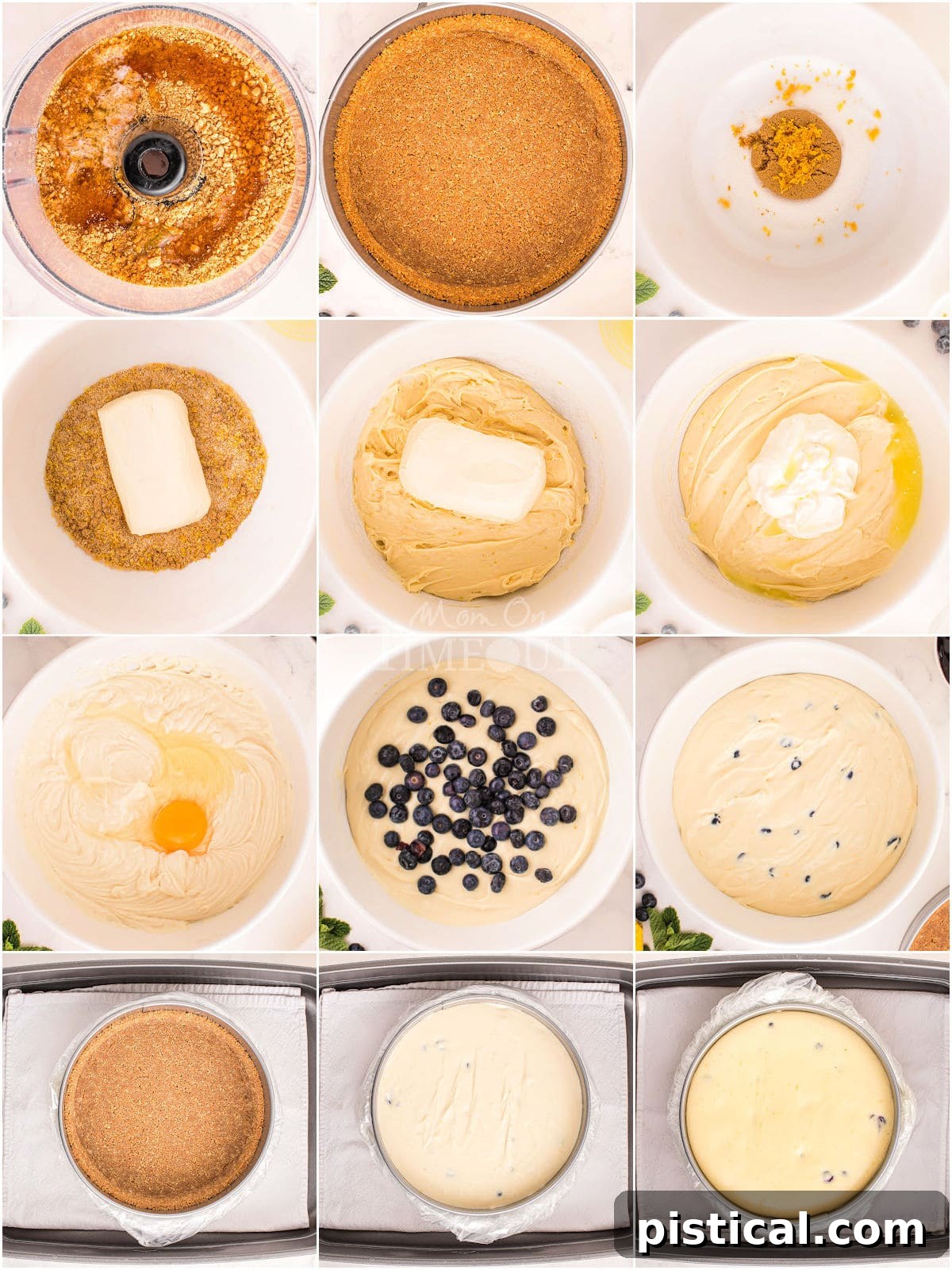 Luscious Lemon Blueberry Cheesecake 4 12 image collage showing step by step how to make the lemon blueberry cheesecake including the water bath.
