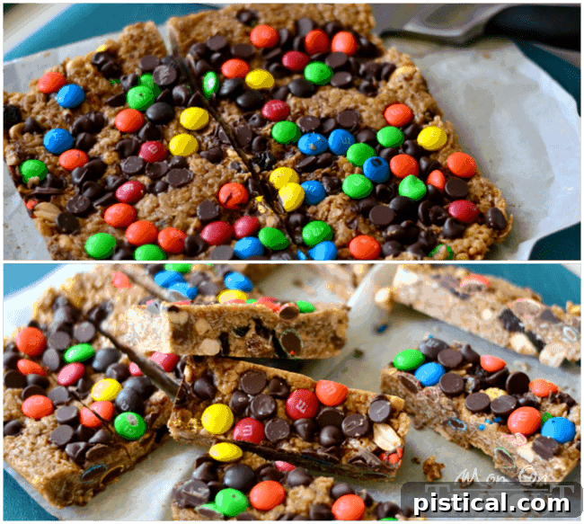 Cutting no-bake Monster Trail Mix Granola Bars into individual portions