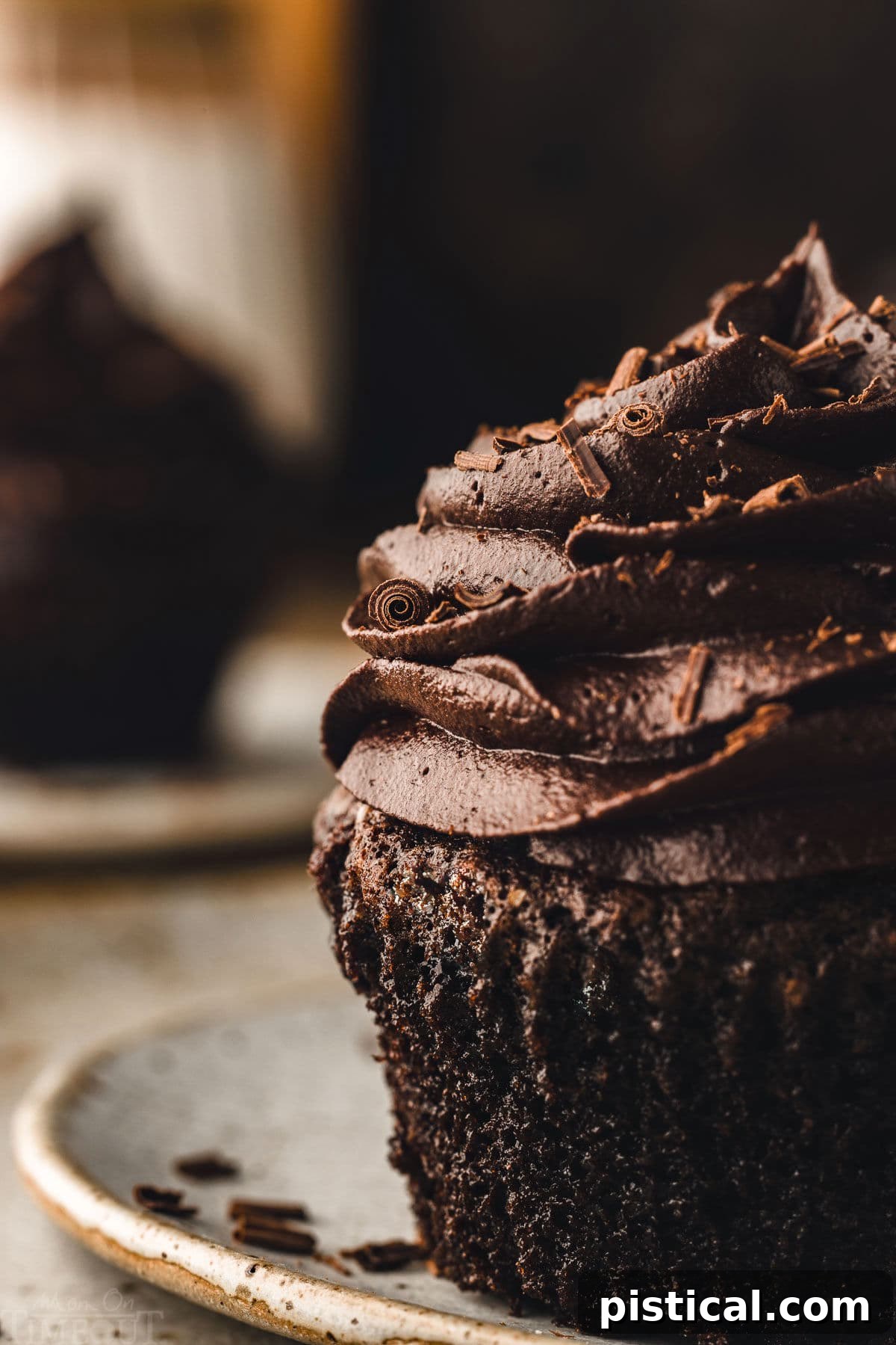 A close-up view of a chocolate cupcake, featuring generous swirls of rich chocolate buttercream and delicate chocolate curls on top. The moist texture of the cupcake is visible, inviting a delightful indulgence.