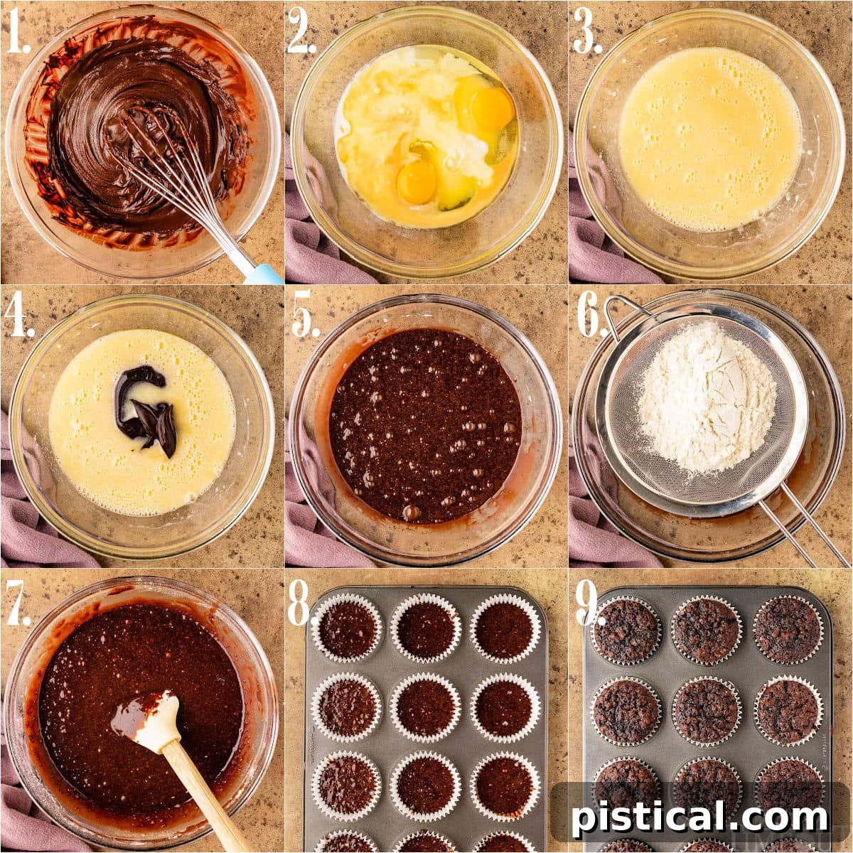 A nine-image collage visually detailing the step-by-step process of making chocolate cupcakes, from mixing ingredients to baking, providing clear guidance for home bakers.