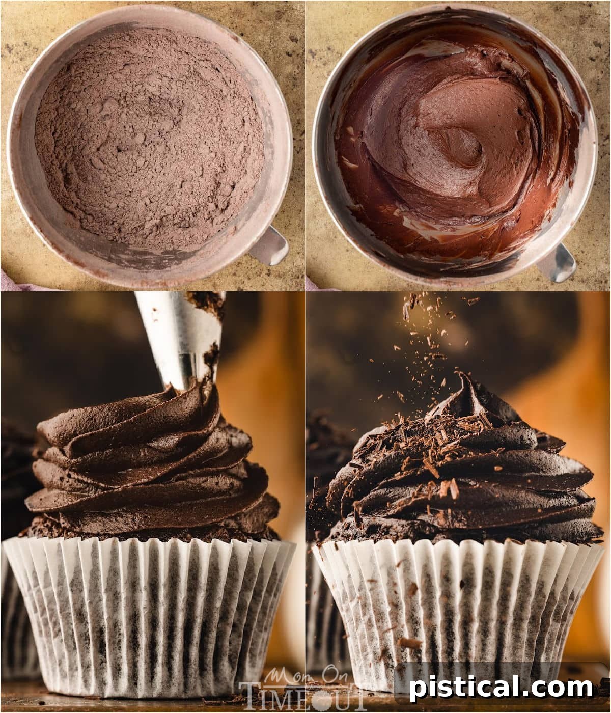 A four-image collage illustrating the process of making chocolate buttercream and the art of frosting cupcakes, providing visual steps for achieving perfect dessert decoration.