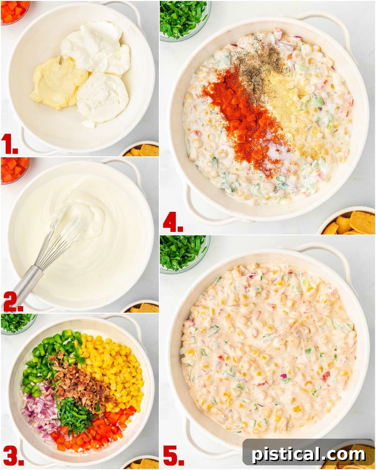 five image collage showing how to make corn dip step by step.