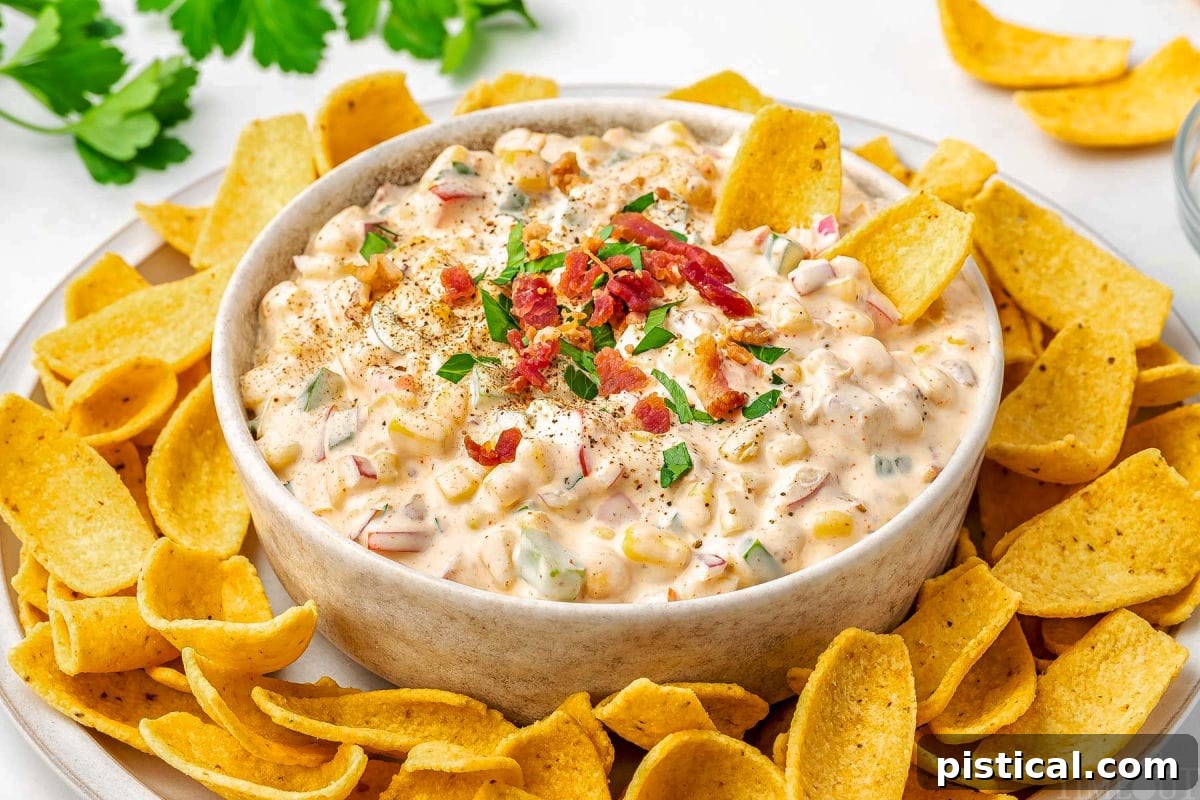 big bowl of corn dip surrounded by fritos scoops on a platter. the dip is topped with parsley and bacon bits.
