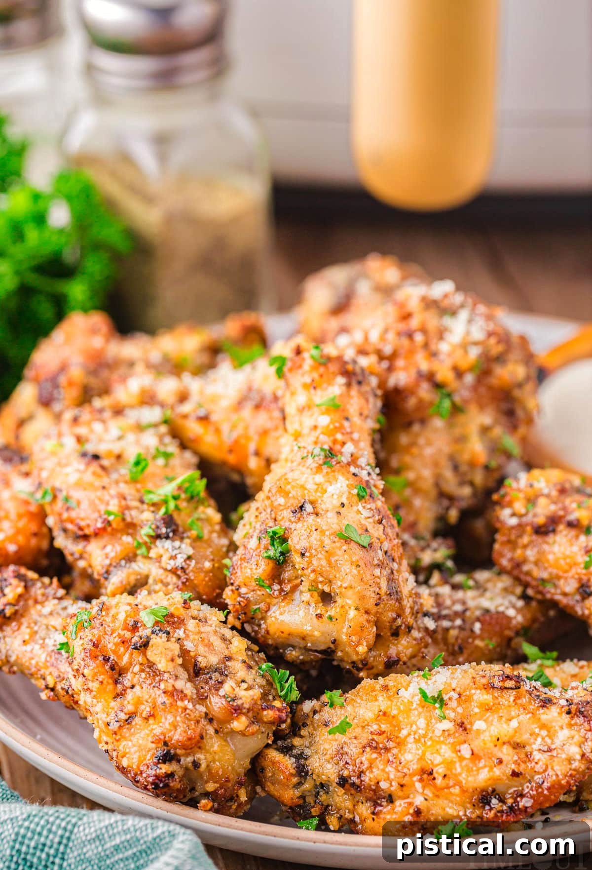 serving plate loaded with crispy golden garlic parmesan wings that have been garnished with fresh parsley.