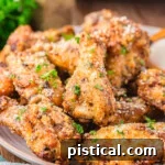 serving plate loaded with crispy golden garlic parmesan wings that have been garnished with fresh parsley.