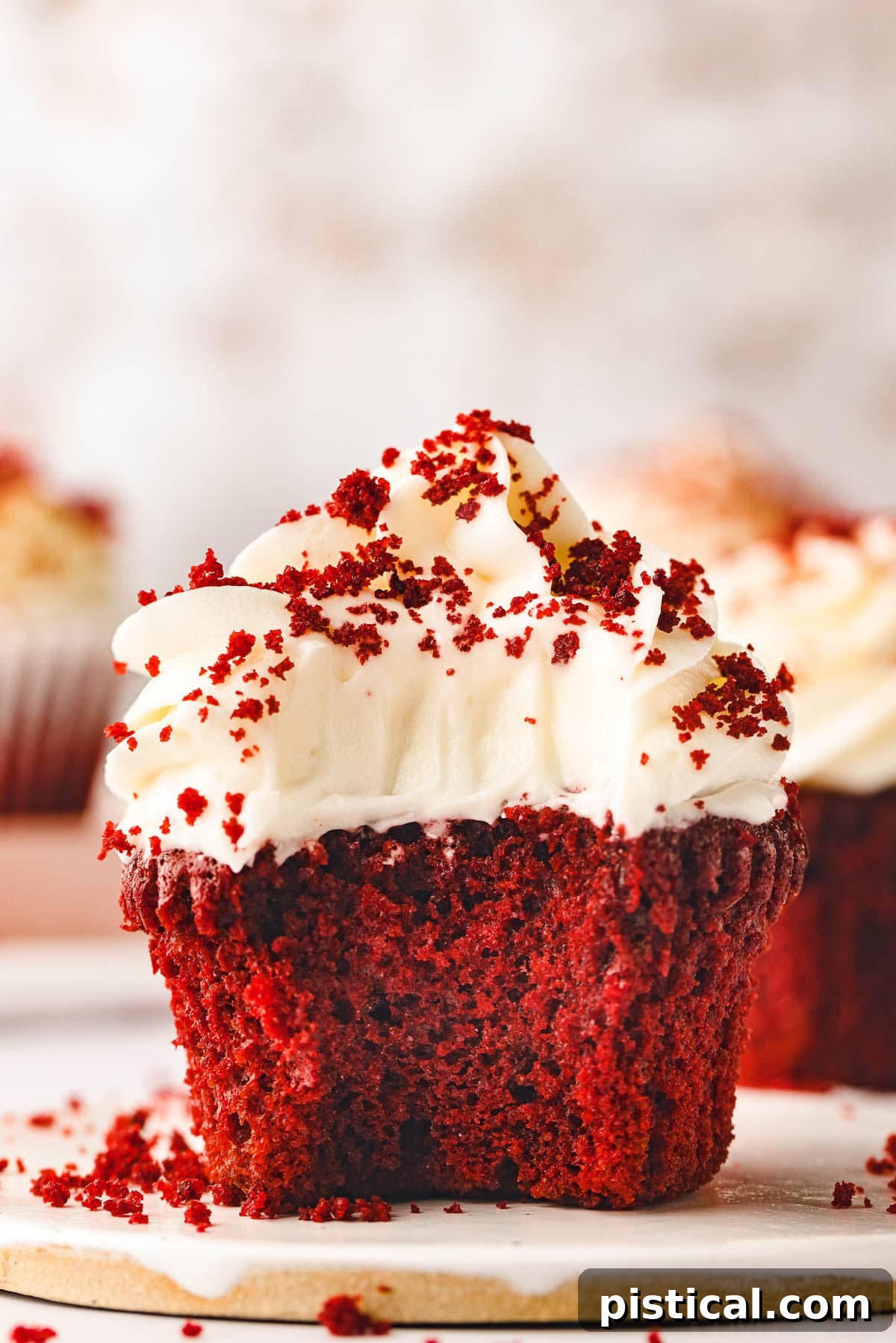 A single Red Velvet Cupcake sits gracefully on a pristine white pottery plate. It's generously topped with a swirl of velvety cream cheese frosting and delicately sprinkled with red velvet cake crumbs, highlighting its vibrant color and rich texture.