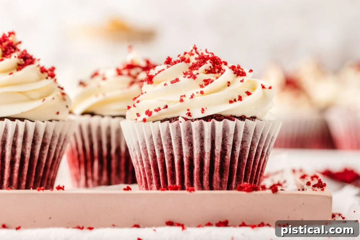 A vibrant display of Red Velvet Cupcakes arranged on a charming pink tray. Each cupcake is generously frosted with a delicate swirl of white cream cheese frosting and lightly dusted with red velvet crumbs, creating an enticing visual feast.