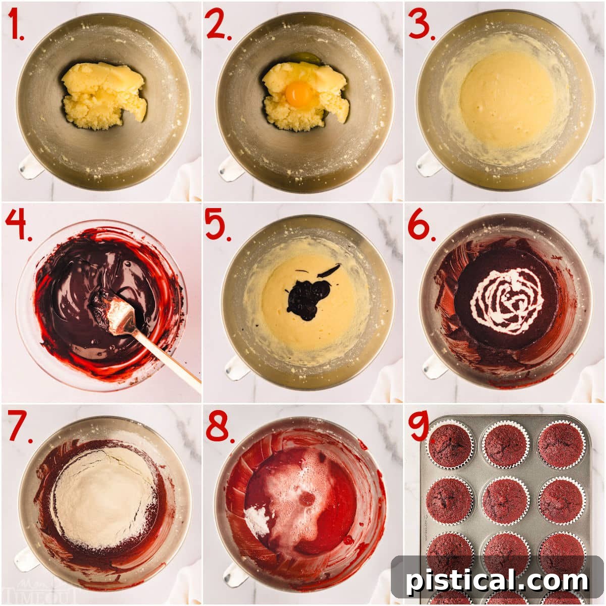 A nine-image collage vividly illustrating the step-by-step process of baking perfect Red Velvet Cupcakes, from mixing ingredients to placing them in the oven.