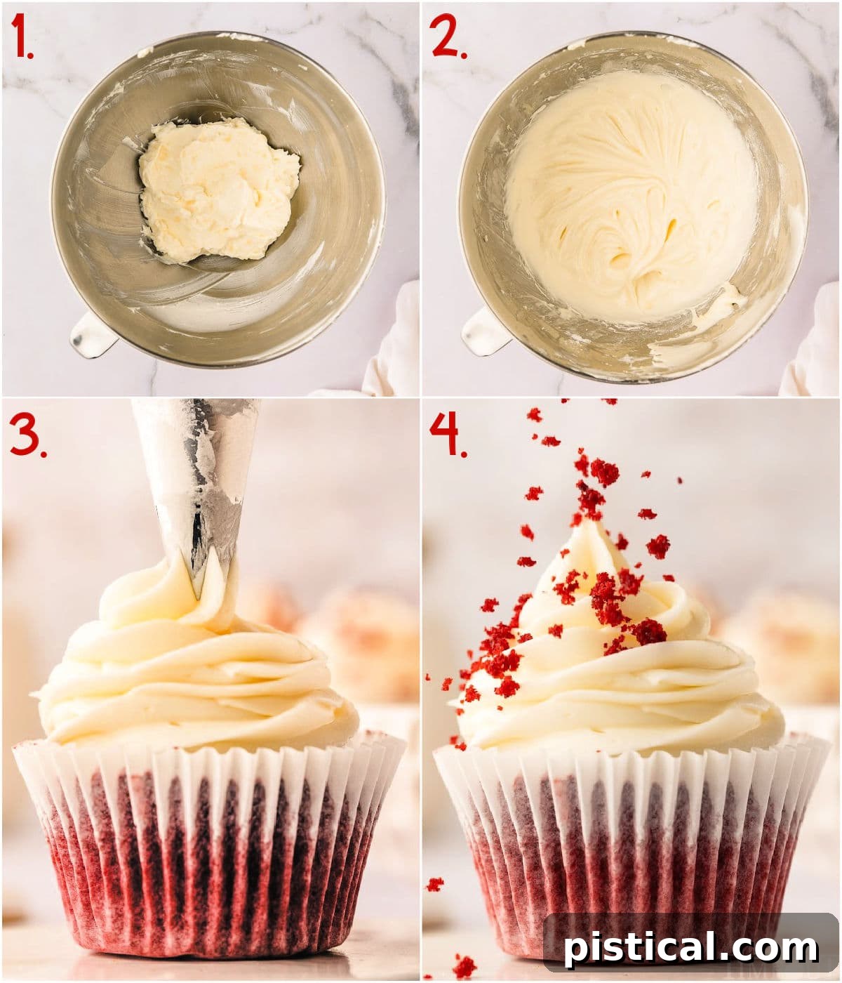 A four-image collage demonstrating the key stages of making luscious cream cheese frosting and expertly piping it onto Red Velvet Cupcakes, culminating in a perfectly frosted treat.