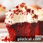 red velvet cupcake sitting on white pottery plate topped with velvety cream cheese frosting and sprinkle with red velvet crumbs.