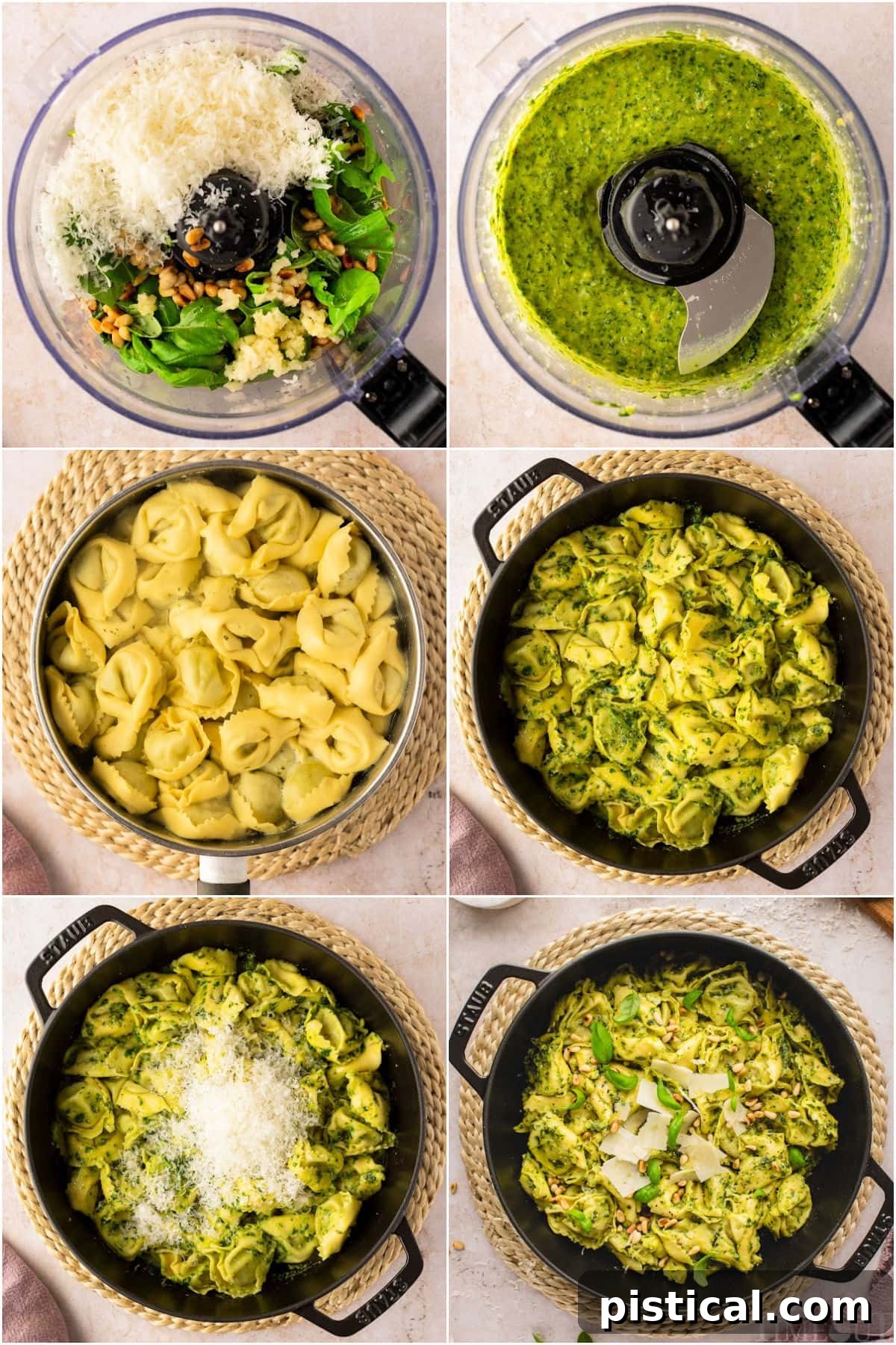 Six-image collage demonstrating the step-by-step process of making fresh basil pesto and assembling the pesto tortellini.