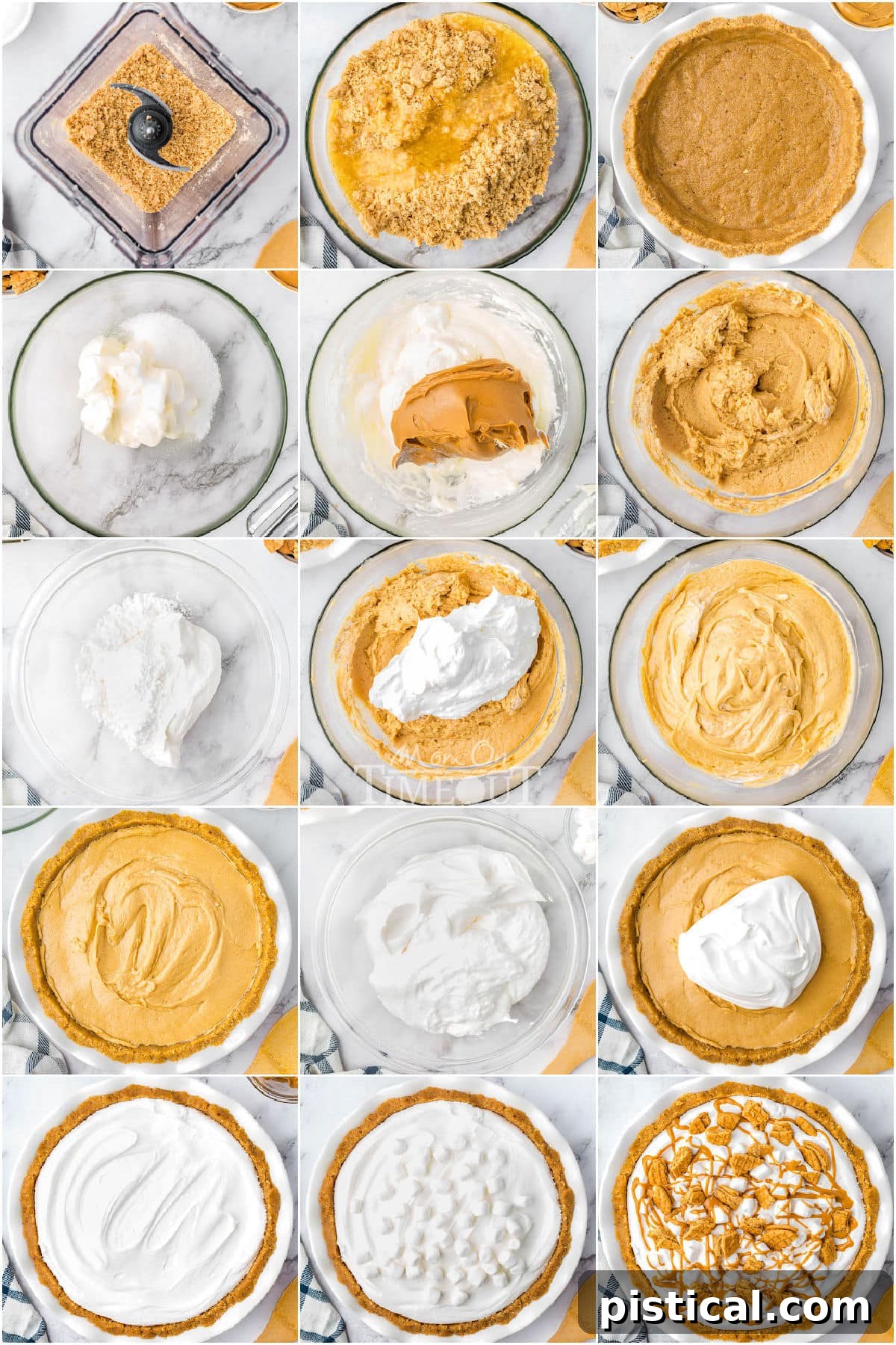 Fifteen image collage showing how to make and assemble the fluffernutter pie recipe step by step, illustrating the process from crushing cookies to the final garnished pie slice.
