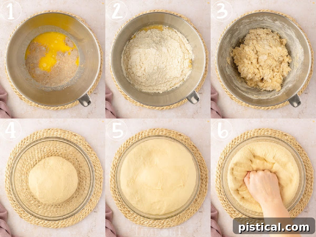 A six-image collage illustrating the step-by-step process of preparing the dough for the Giant Cinnamon Roll Cake, from combining ingredients to the first rise.