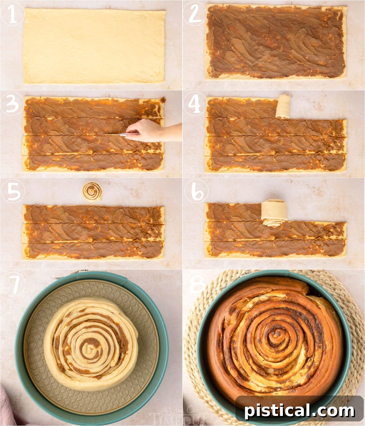 An eight-image collage providing a visual, step-by-step guide on how to assemble the Giant Cinnamon Roll Cake, from rolling the dough to forming the final giant spiral.