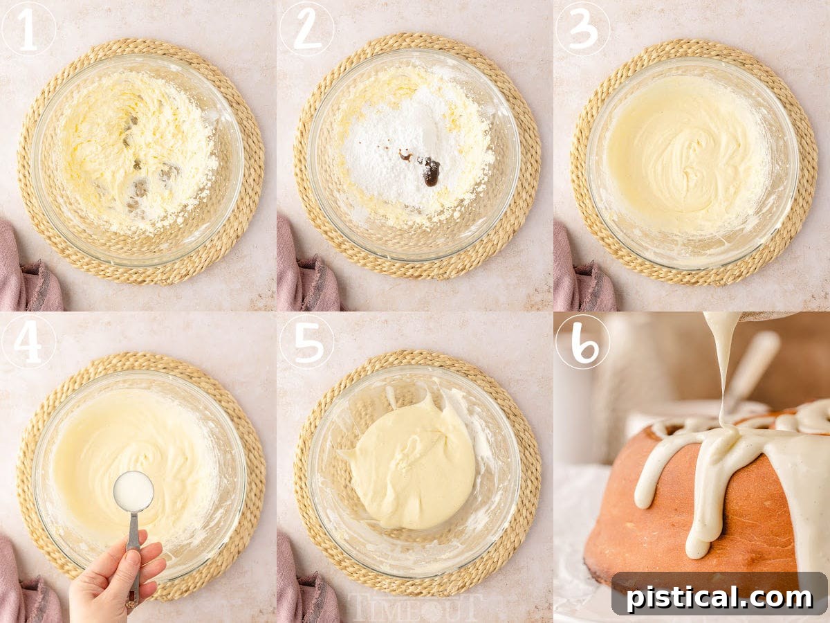 A six-image collage demonstrating how to prepare the smooth cream cheese glaze and how to generously apply it to the warm Giant Cinnamon Roll Cake.