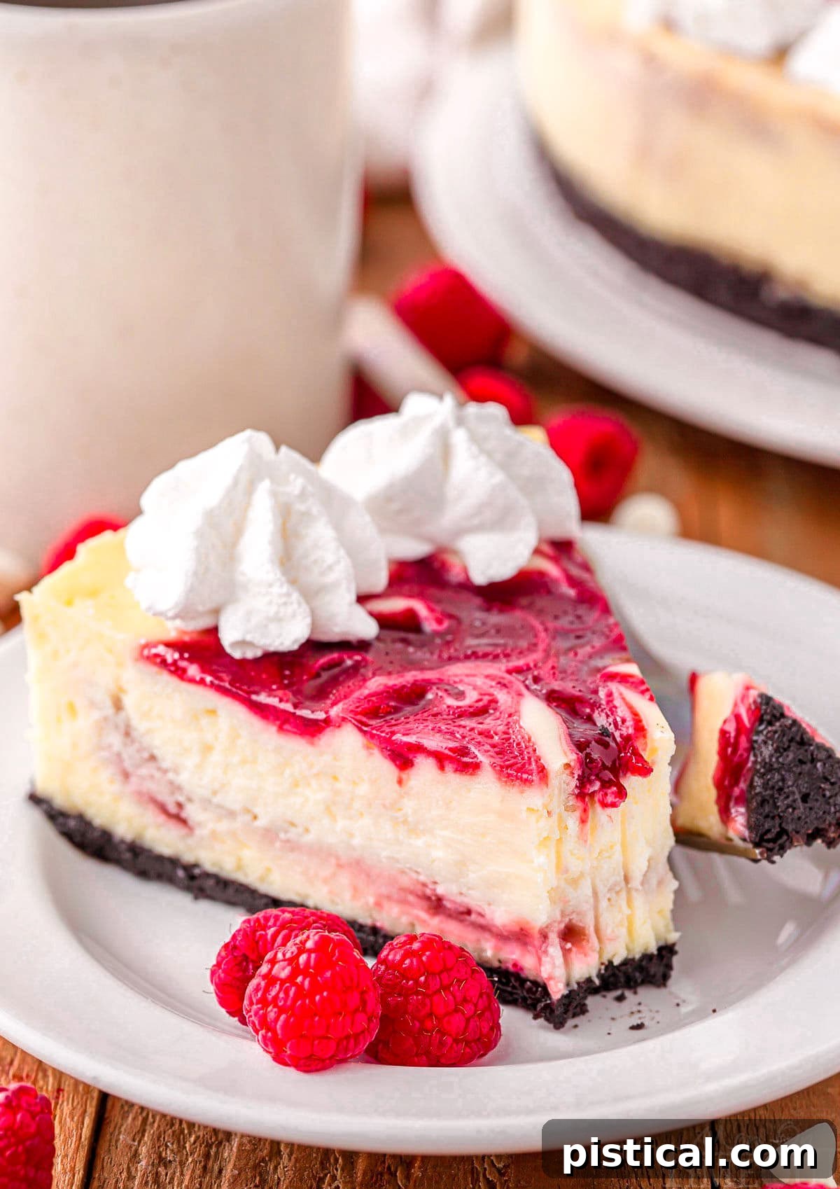 A perfectly sliced piece of white chocolate raspberry cheesecake on a round white plate, elegantly topped with a dollop of fresh whipped cream and three glistening fresh raspberries beside it.